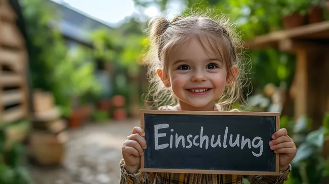 Fröhliches Mädchen hält Einschulungsschild