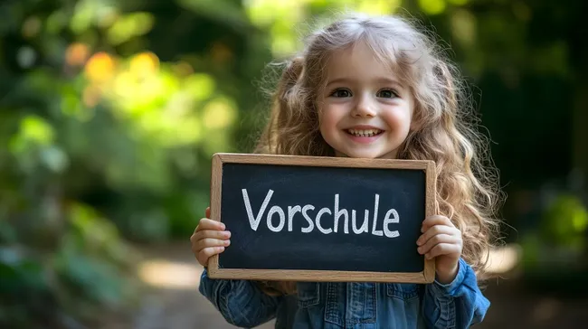 Fröhliches Mädchen hält Tafel mit 'Vorschule'-Aufschrift in der Natur