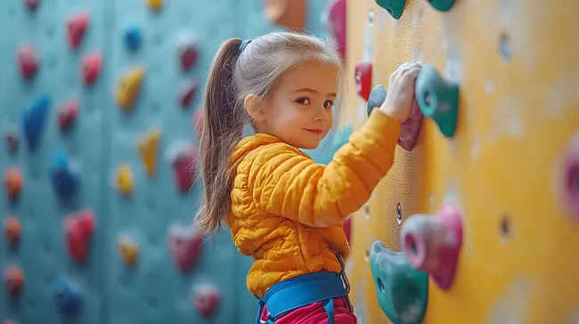 Fröhliches Mädchen klettert in bunter Kletterhalle