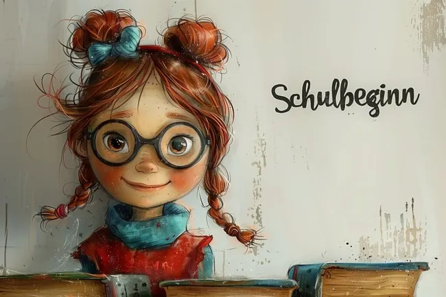 Fröhliches Mädchen mit Brille und Büchern zum Schulbeginn