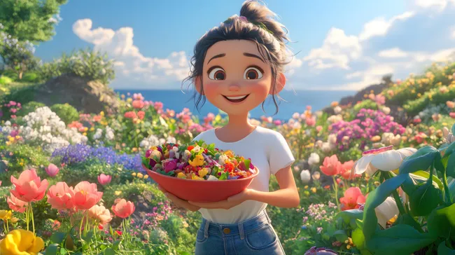 Fröhliches Mädchen mit buntem Salatteller in blühender Blumenwiese