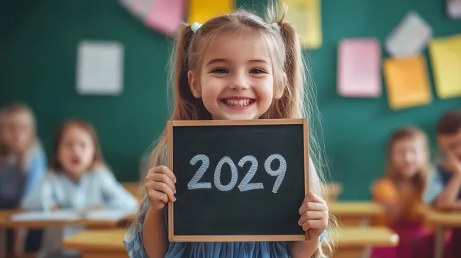 Fröhliches Mädchen mit Kreide-Tafel für 2029 im Klassenzimmer