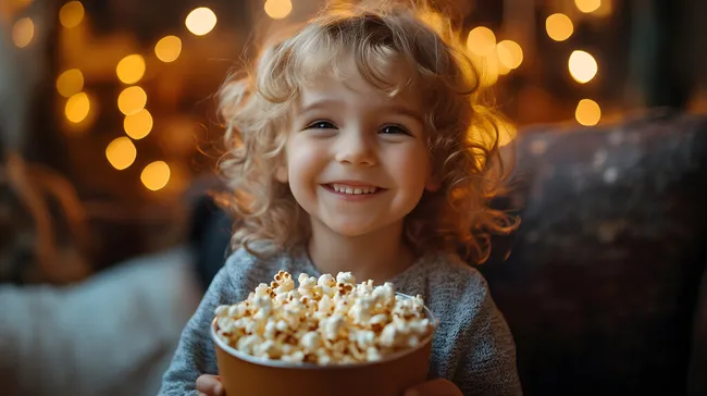 Fröhliches Mädchen mit Locken genießt Popcorn im Weihnachtsambiente