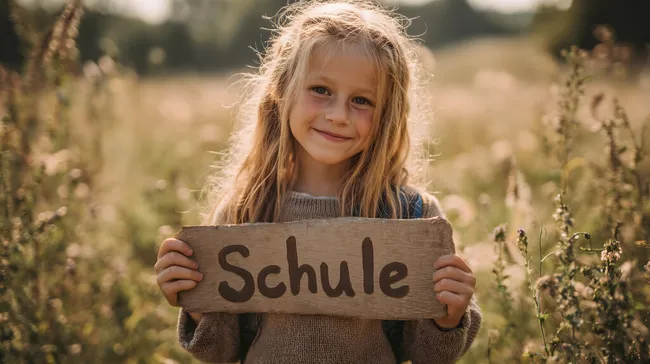 Fröhliches Mädchen mit Schule-Schild auf Wiesenfeld