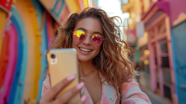 Fröhliches Mädchen mit Sonnenbrille macht Selfie in bunter Umgebung