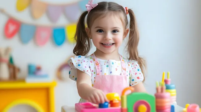 Fröhliches Mädchen spielt mit bunten Holzspielzeugen