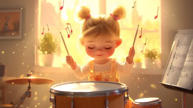 Fröhliches Mädchen spielt Trommel in heimeliger Umgebung