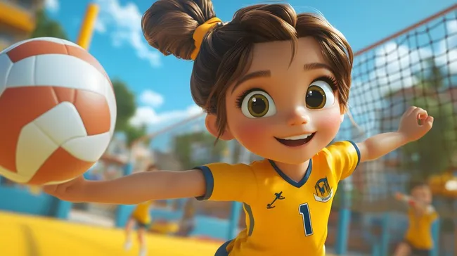 Fröhliches Mädchen spielt Volleyball auf sonnigem Spielfeld