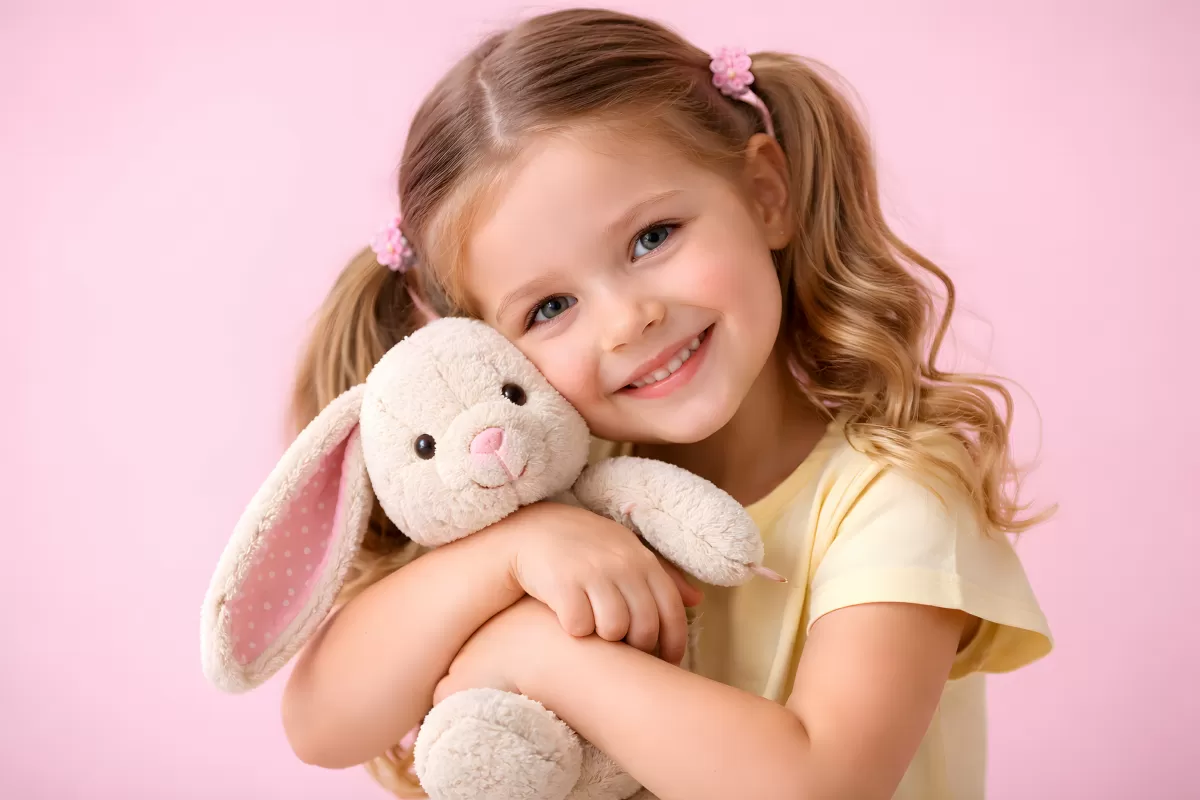 Fröhliches Mädchen umarmt ihr Kuscheltier