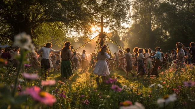 Fröhliches Maifest-Fest mit Tanz um Maibaum bei Sonnenuntergang