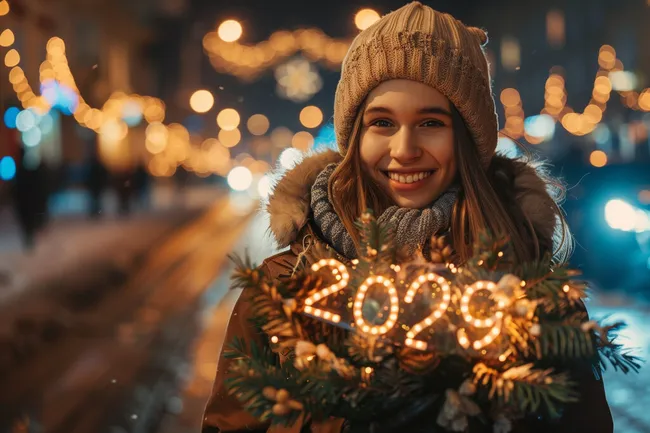 Fröhliches neues Jahr 2029 mit Weihnachtsfrau