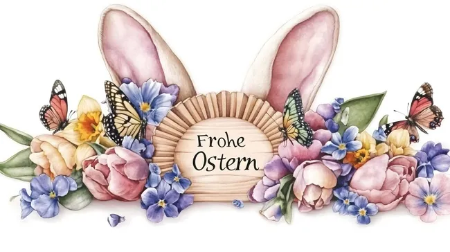 Fröhliches Ostergrußmotiv mit Blumen und Schmetterlingen