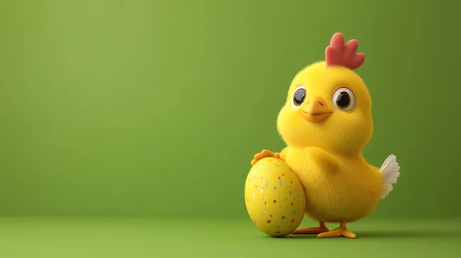 Fröhliches Osterkücken mit bemalttem Ei auf Grün