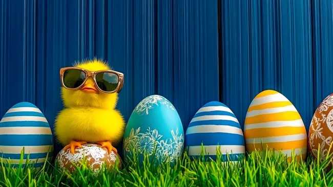 Fröhliches Osterkücken mit Sonnenbrille und bunten Eiern