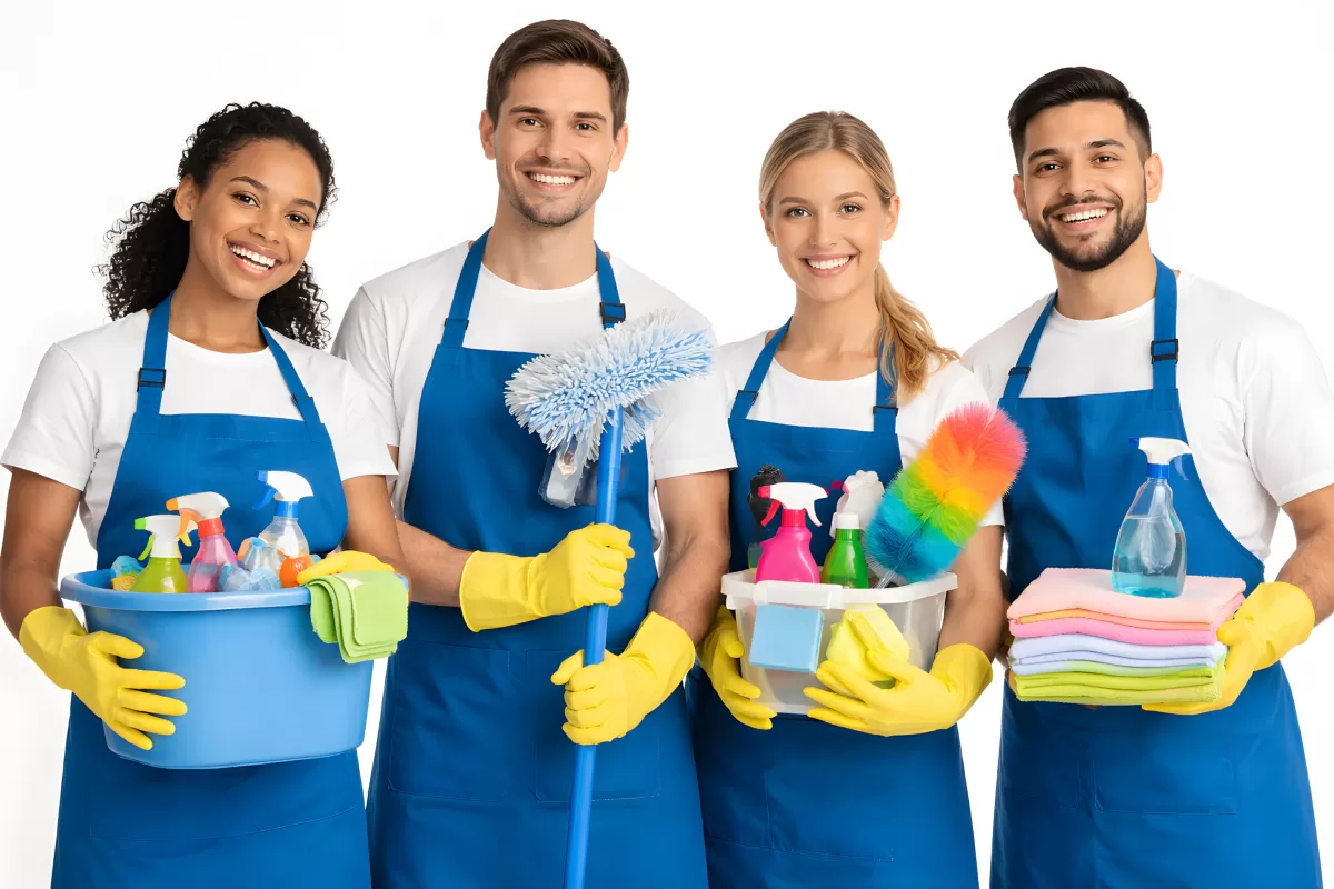 Fröhliches Reinigungsteam in Arbeitsuniform
