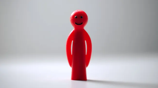 Fröhliches, rotes Piktogramm-Männchen auf weißem Hintergrund