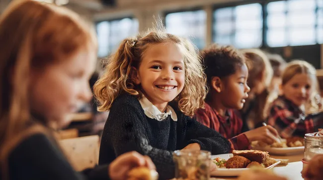 Fröhliches Schulkind beim gesunden Mittagessen in der Kantine