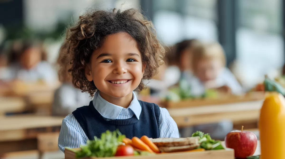 Fröhliches Schulkind mit gesunder Brotbox in der Cafeteria