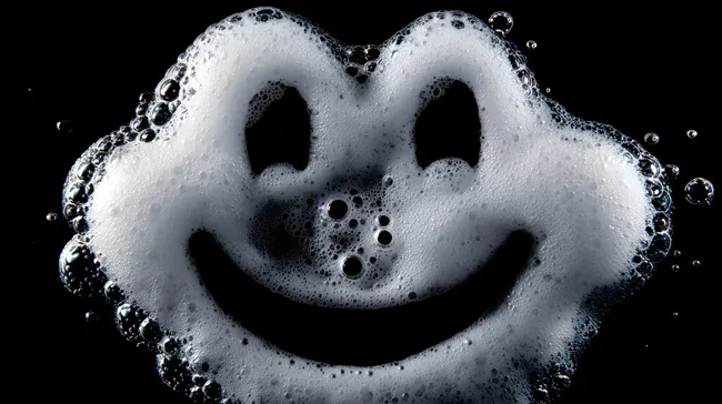 Fröhliches Seifenschaum-Gesicht auf schwarzem Hintergrund