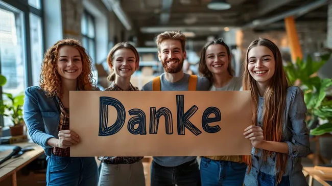 Fröhliches Team präsentiert Danke-Schild im Büro