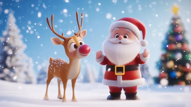 Fröhliches Weihnachtsrentierpaar in verschneiter Winterlandschaft