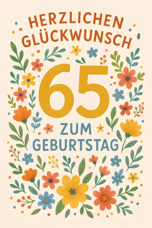 Frohe Glückwünsche zum 65. Geburtstag mit bunten Blumen