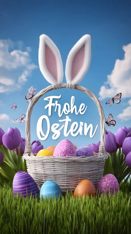 Frohe Ostern: Bunte Eier im Weidenkorb mit Hasenohren