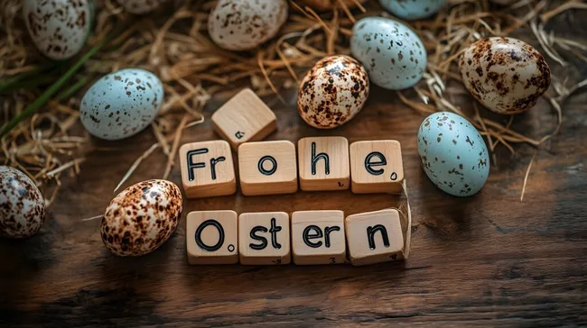 Frohe Ostern - Bunte Eier und Holzbuchstaben auf rustikalem Hintergrund