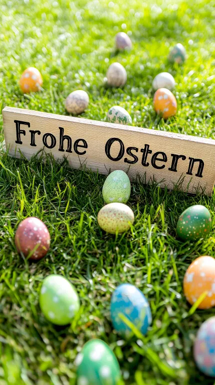 Frohe Ostern! Bunte Ostereier auf saftig-grüner Wiese