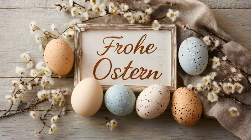 Frohe Ostern Karte mit bunten Eiern und Weidenkätzchen