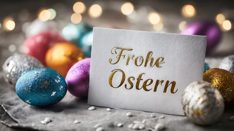 Frohe Ostern Karte mit glitzernden Ostereiern im Hintergrund