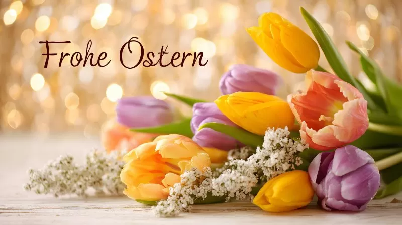 Frohe Ostern Karte mit Tulpen auf hellem Hintergrund