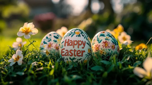 Frohe Ostern: Kunstvoll bemalte Eier im blühenden Garten