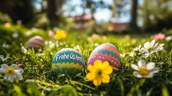 Frohe Ostern mit handbemalten Ostereiern im Gras