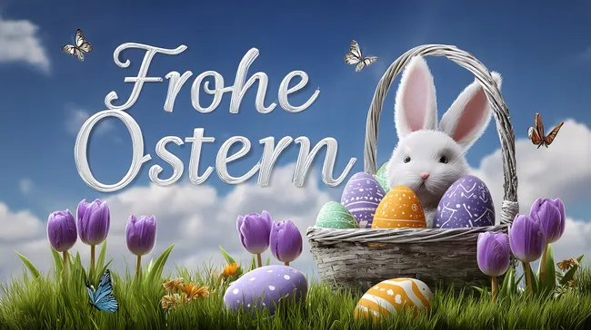 Frohe Ostern mit Hase, Eiern und Tulpen