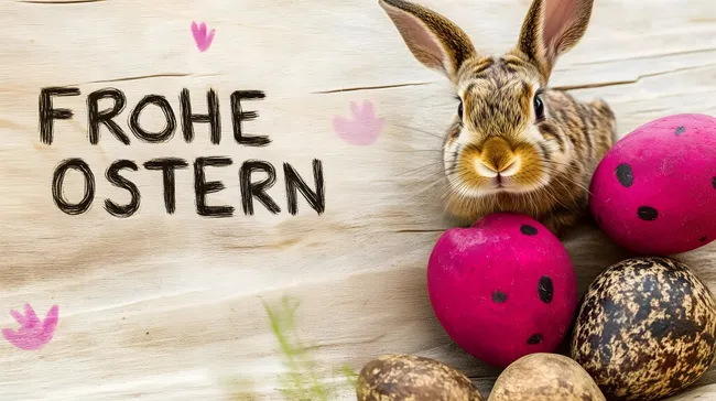 Frohe Ostern mit Kaninchen und bunten Eiern