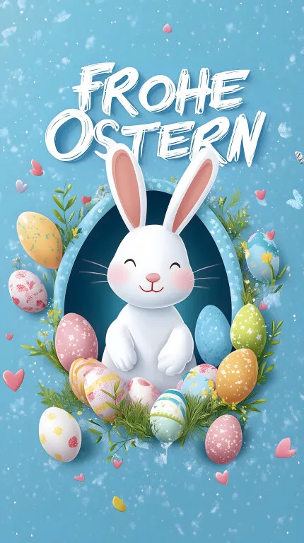 Frohe Ostern mit weißem Osterhasen und bunten Eiern