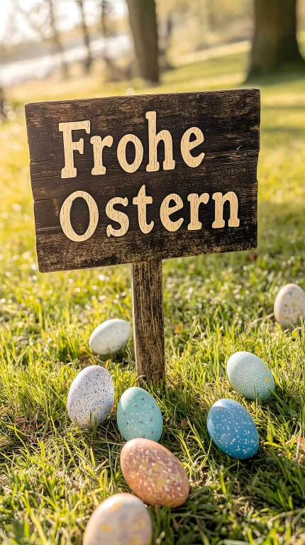 Frohe Ostern - Rustikales Holzschild mit bunten Ostereiern
