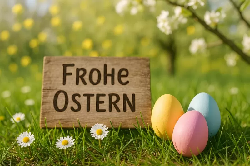 Frohe Ostern Schild mit bunten Eiern im Gras