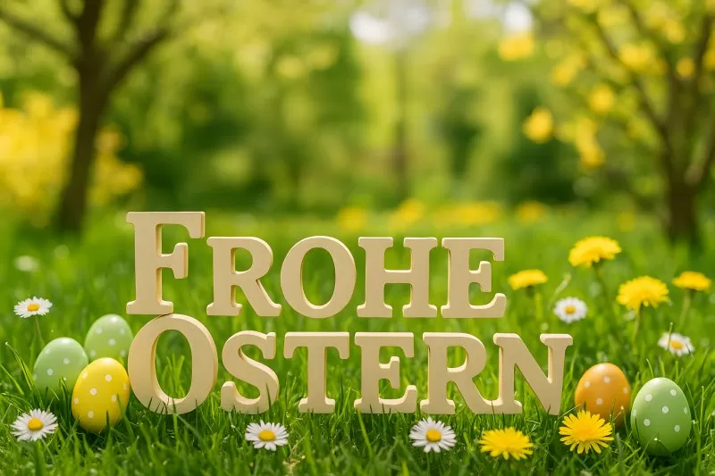 Frohe Ostern Schriftzug mit bunten Eiern auf Wiese