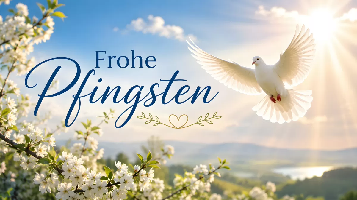Frohe Pfingsten – weiße Taube mit Frühlingsblüten
