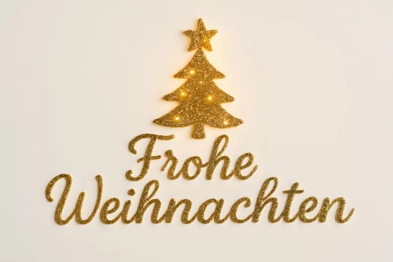 Frohe Weihnachten Glitzerschrift mit leuchtendem Weihnachtsbaum