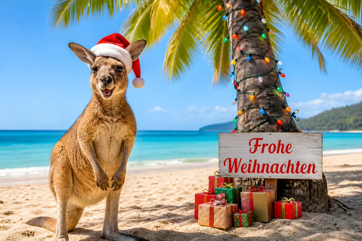 Frohe Weihnachten: Känguru mit Weihnachtsmütze am Strand