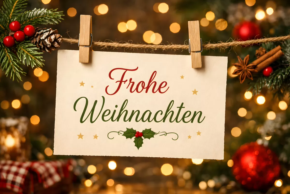 Frohe Weihnachten Karte hängt an Lichterkette