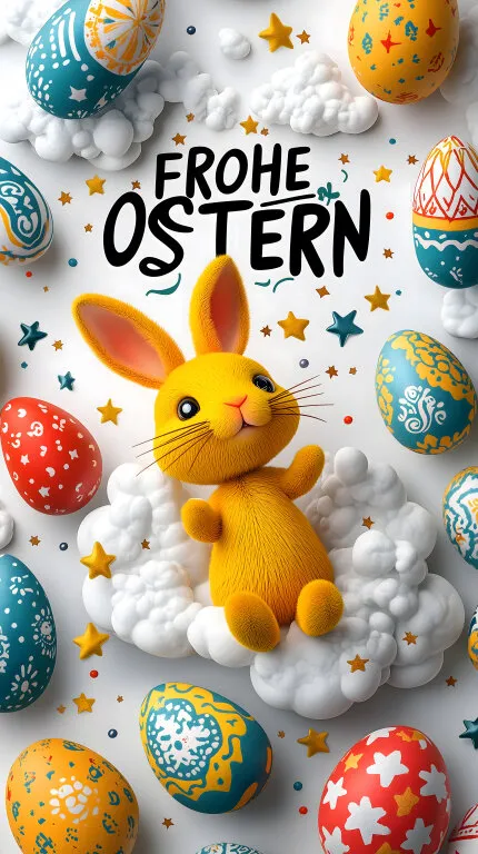 Froher Ostergruß mit Hase und bunten Eiern