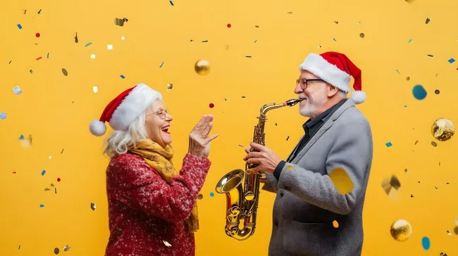 Frohes älteres Paar genießt Weihnachtsmusik mit Saxophon