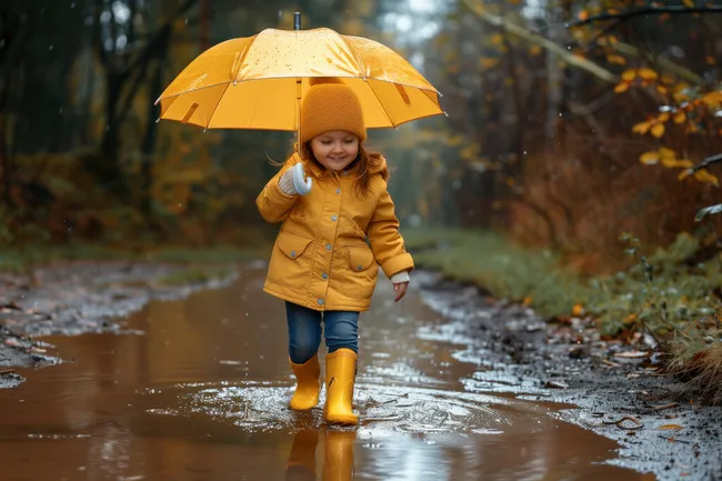 Frohes Kind in Regenwetter