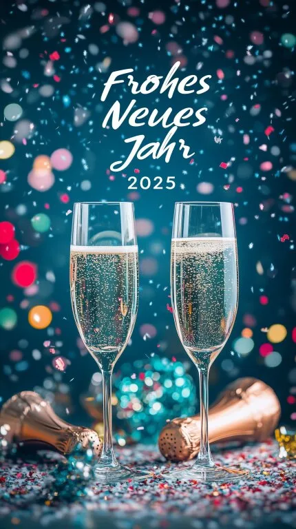 Frohes Neues Jahr 2025 mit Sektgläsern und Konfetti