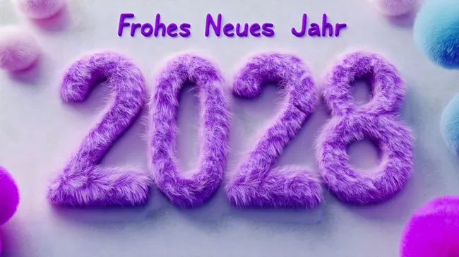 Frohes Neues Jahr 2028 - Flauschiges Lila-Fell 3D-Motiv