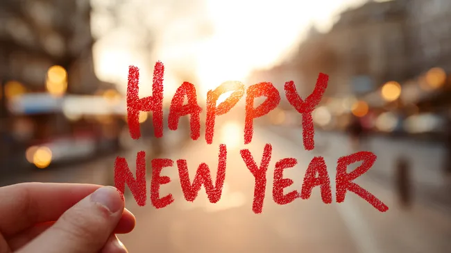 Frohes Neues Jahr - Leuchtender Schriftzug mit Stadtlichtern